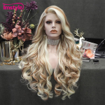 Imstyle blondinis rudas perukas Sintetinis nėriniuotas priekinis perukas Ilgi banguoti perukai moterims kar&scaron;čiui atspariems pluo&scaron;to plaukams kasdienis mi&scaron;rios spalvos perukas Lace Front