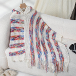 Rudens ir žiemos moteri&scaron;kas margintas laisvo kirpimo &scaron;ik&scaron;nosparnio rankovių kardiganas-pelerinas megztinis su gobtuvu V formos i&scaron;kirpte One Size balta