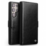 Qialino natūralios odos telefono dėklas Samsung S25 S24 S23 S22Plus Ultra, verslo stiliaus, madingas, prabangus, su kortelių skyreliais, uždengiamas For Samsung S25 Plus black