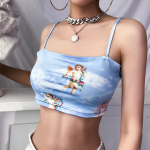 Nauja mada, moteri&scaron;ka, margaspalvė, vir&scaron;utinė liemenė be rankovių &scaron;alti pečiai &bdquo;Angel Of Cupid Print Short Camis&ldquo; moteri&scaron;ka vasaros vir&scaron;utinė vir&scaron;ūnė S mėlyna