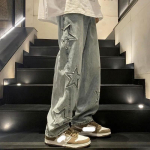 Moteri&scaron;ki vyri&scaron;ki Y2K drabužiai Star Baggy džinsai Amerikieti&scaron;ko stiliaus High Street siuvinėjimo kelnės Korėjos mados drabužiai &Scaron;luostymo kelnės vyrams L mėlyna