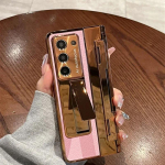 Dėklas Samsung Galaxy Z Fold 5 Z Fold 4 Z Fold 3 5G su ekrano apsauga, prabangus odinis vienos dalies dengtas stovas, auksinis For Galaxy Z Fold 3 rožinė