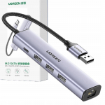 Adapteris Ugreen 5in1 USB-A iki 3x USB 3.0 + RJ45 + USB-C CM475(Pilka)