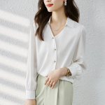 Madinga apykaklė, &scaron;ifoninė palaidinė, moteri&scaron;ka biuro sagomis auk&scaron;tyn moteri&scaron;ki mar&scaron;kiniai ilgomis rankovėmis, moteri&scaron;ki vir&scaron;utiniai drabužiai Eleganti&scaron;ki drabužiai 29978 S balta