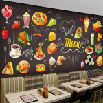 3D ekrano užsklanda Ranka tapyta maisto freska Vakarų restoranas Greito maisto restoranas Fono sienų apdaila 3D freskos 200 cm(W) x 140 cm(H)