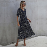 Vasaros spauda Maxi suknelė ilga plona V kaklu auk&scaron;tu juosmeniu pusrankoviu tamsiai mėlyna SML XL