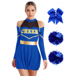 &bdquo;Cheer Leader&ldquo; kostiumas. Moteri&scaron;ka &bdquo;Cerleader&ldquo; uniforma mokyklinė suknelė su pomponais galvos juosta Helovino karnavalinės puo&scaron;nios suknelės kostiumas S