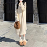 Ilga korėjieti&scaron;ko stiliaus tinginio stiliaus megzta suknelė su atvartu 2024 m. pavasario ruduo naujo dizaino vienspalvė megztinio pagrindo suknelė onesize chaki