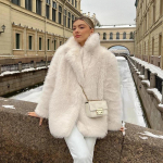 Madinga pūkuota kailinė striukė moterims žiemai, ilgaauliai paltai, storas &scaron;iltas vidutinio ilgio paltas, pliu&scaron;iniai vir&scaron;utiniai drabužiai, femme XL abrikosas