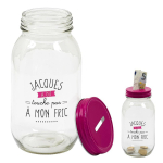 Les Tr&eacute;sors De Lily [A3674] - Tirelire mason jar verre 'Jacques a dit' rose (touche pas &agrave; mon fric) - 17x9 cm ry&scaron;kiai rožinė