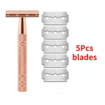 &bdquo;Rose Gold&ldquo; skustuvas klasikinis dvigubo kra&scaron;to apsauginis skustuvas, skirtas vyrų skutimosi ir moterų plaukelių &scaron;alinimo peiliukais rankiniu būdu Razor+5 Blade