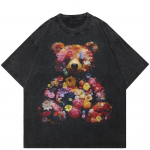 2024 m. Streetwear Bear Bouquet Graphic Unisex mar&scaron;kinėliai medvilniniai skalbti juodi mar&scaron;kinėliai unisex mar&scaron;kinėliai mar&scaron;kinėliai vasaros trumpomis rankovėmis mar&scaron;kinėliai