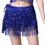 Moterų pilvo &scaron;okių sijono grandinėlė Kutas blizgučiai 3 sluoksnių suvarstomas Bohemian Clubwear Performance Mini Waist Wrap Lotynų &scaron;okių treniruočių trumpas sijonas, klubas karali&scaron;kos mėlynos spalvos