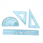 Keturių dalių mink&scaron;to plastiko liniuotės rinkinys, skaidrus, mėlynas, kampų ilgio matavimo įrankis su banguota linija, skirtas Ki