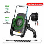 Motociklinis telefono laikiklis su Qi 15W belaidžiu įkrovikliu ir 20W USB-C greito įkrovimo prievadu su C-C kabeliu 4-8 telefonams Rear view mirror juoda