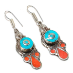 Natural Tibetan Turquoise, Coral Gemstone Handmade Jewelry Earring 2.40 e8j63