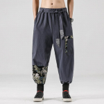 Vyri&scaron;ki medvilniniai lininiai samurajų kostiumai Ukiyo-e Print Diržas Retro Harem Kelnės Haori Baggy Kelnės Harajuku Hip Hop M pilka