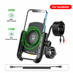 Motociklinis telefono laikiklis su Qi 15W belaidžiu įkrovikliu ir 20W USB-C greito įkrovimo prievadu su C-C kabeliu 4-8 telefonams handlebar juoda