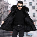 Vyri&scaron;ka parka su pilnu audinės kailio vidiniu pamu&scaron;alu Naujo žiemos stiliaus kailis ant odos Imituoto audinės ka&scaron;myro vidutinio ilgio kailis M juoda