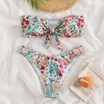 Gėlėtas Bandeau bikinių komplektas su atvirais pečiais, pakeliančiu liemenėliu, moteri&scaron;kas maudymosi kostiumėlis, bikinis su vamzdeliu, mazgu, seksuali vasarinė maudymosi apranga S įvairiaspalvis