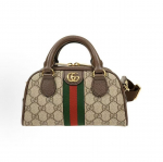&bdquo;Gucci Ophidia&ldquo; vintažinis dvigubas G logotipas, senas gėlių ra&scaron;tas, visi&scaron;kai atspausdintas su nuimamu pečių dirželiu, drobė ir odinė boulingo rankinė. Basic+Dust Bag ruda