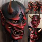 Japonijos Prajna Oni Latekso Kaukė Cosplay Samurajaus Noh Kabuki Žudiko Demono Vaiduoklių Veidas &Scaron;lyk&scaron;čios Kaukės Helovino &Scaron;ventės Kostiumo Rekvizitas raudona