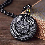 Natūralus juodas obsidianas rankomis raižytas kinų drakono fenikso pauk&scaron;čio amuletas bagua karoliai moterims vyrams, sėkmės talismanas amuleto pakabukas 1pcs