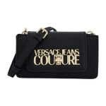 &bdquo;Versace Jeans Couture&ldquo; auksinė dirbtinės odos rankinė su užra&scaron;u ir logotipu per petį, vidutinio dydžio, juodos spalvos moteri&scaron;kos rankinės 74VA4BLG-ZS467-899 Basic Set (Bag+Dust Bag)