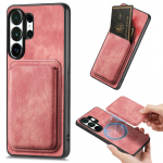2 viename magnetinis retro kortelių dėklas-piniginė i&scaron; odos Samsung S25 Ultra S24 Plus S23 A16 A56 A36 A06 A17 A07, odos pojūčio dangtelis Samsung Galaxy M36 rožinė