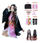 Suaugusioms moterims Anime Demonų žudikas Kamado Nezuko Cosplay Perukas Ilgas Garbanotas Kostiumas Kimono Kostiumas Drabužiai Vaikams Mergaitėms M