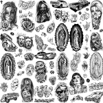 6 lapų didelės Chicano laikinos tatuiruotės vyrams, moterims suaugusiems Gvadalupės gangsterio netikros tatuiruotės lipdukas Realisti&scaron;kas Helovino juodos spalvos dekoravimo tatuiruotė Meksika