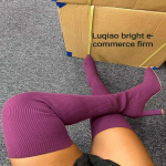 Moteris Vir&scaron; kelių Batai Žieminiai &Scaron;launų Megzti Elastingos Kojinės Batai &Scaron;ilti Seksualūs Stiletai Kulnai Smailianosiai Ilgi Batai 35-43 botas mujer 36 violetinė