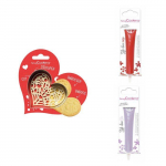 Kit pour biscuit en relief Coeur + 2 Stylos au chocolat rouge et lilas