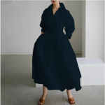 Moteri&scaron;ka medvilninė negabaritinė eleganti&scaron;ka medvilninė saulės suknelė su atvartu, auk&scaron;tu juosmeniu, ilgomis rankovėmis, ilgi mar&scaron;kiniai S tamsiai mėlyna