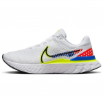 Nike React Infinity Run Flyknit 3 Premium vyri&scaron;ki sportbačiai, balti, fluorescenciniai, ry&scaron;kiai geltoni ir tamsiai raudoni, su ry&scaron;kia raudona spalva. 41