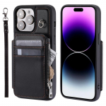 Daugiafunkcinis užtrauktuku užtraukiamas piniginės dėklas su 5 kortelių lizdais, skirtas Samsung S23 S22 S21 A13 A14 A52 A53 A54 iPhone 14 13 12 11 PU sulankstomas dangtelis su rankiniu dirželiu iPhone 6 Plus/6S Plus juoda