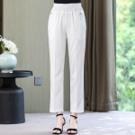 Vasaros medvilninės lininės tiesios kelnės Moteri&scaron;kos klasikinės didelio dydžio kelnės auk&scaron;tu juosmeniu L balta