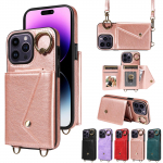 Skirta iPhone 14 Series. iPhone 14,14 Plus, 14 Pro, 14 Pro Max peties dirželis Virvė Žiedinis laikiklio dizainas Kortelių laikiklio lizdai Lichee ra&scaron;to dangtelis telefono dėklas iPhone 14 Plus juoda