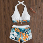 Moteri&scaron;kas seksualus bikinis vasarinis dviejų dalių maudymosi kostiumėlis, moteri&scaron;kas Push Up Halter Wrap priekinis maudymosi kostiumėlis auk&scaron;tu juosmeniu S balta