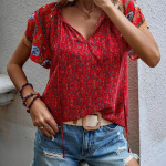 SOWOOLIFE moteri&scaron;kos vintažinės Bohemijos laisvalaikio gėlių ra&scaron;tų trumpomis rankovėmis V kaklo palaidinės palaidinės ir mar&scaron;kiniai S raudona