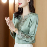 Shirt femininity embroidered Spring and Autumn 2023 new fashion heavy weight imitation mulberry silk V-neck blouse female