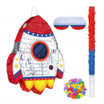 Pull String Rocket Ship Pinata Rocket Pinatas with Blindfold Bat Stick Confetti for Kids Space Themed Birthday Party Supplies Sets