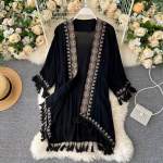 Moteri&scaron;ki ilgi kimono mar&scaron;kinėliai &scaron;ventiniai kremai nuo saulės Palaidinės Etninės bohemi&scaron;kos vintažinės siuvinėjimo palaidos megztinio vir&scaron;ūnės One Size balta