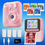 Vaikų momentinis fotoaparatas Spalvoto spausdinimo fotoaparatas 32GB 1080P Terminio spausdinimo skaitmeninis fotoaparatas Spausdinti nuotrauką Vaizdo žaidimai Muzika Vaikų dovana rožinė