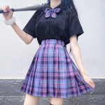Ruožuota moteri&scaron;ka klostuota suknelė su kaspinėliu Vasarinė auk&scaron;to juosmens Preppy mergaitėms &Scaron;okių mini suknelė Miela A formos Harajuku Seksuali su peteli&scaron;ke XS black