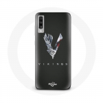 Coque pour Samsung Galaxy A70 Vikings S&eacute;rie Saison 6 logo V Ep&eacute;e Gris Fond Noir pilka