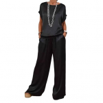 Moteri&scaron;kas satininis &scaron;ilkinis dviejų dalių rinkinys, laisvalaikis, trumpomis rankovėmis, plačiomis rankovėmis, plačiomis kelnių kojomis, laisvas poilsio drabužių komplektas pavasario vasarai S pilka