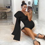 Moteri&scaron;ka vakarėlio suknelė ant vieno peties Eleganti&scaron;kas Bodycon Big Bow klubo gimtadienio vakarėlis Midi įžymybių vakariniai chalatai S juoda