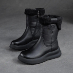 Johnature Snow Boots Natūralios odos pliu&scaron;iniai &scaron;ilti vienspalviai storo pado moteri&scaron;ki trumpi batai iki blauzdos 36 juoda