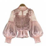 Moteri&scaron;ki mar&scaron;kiniai vakarėliui su gėlėmis aplikacijomis Permatomas tinklinis žibintas, rankovės plonos nėrinių susirauk&scaron;lėjimo elastinės rankogalės, apvalios pilka